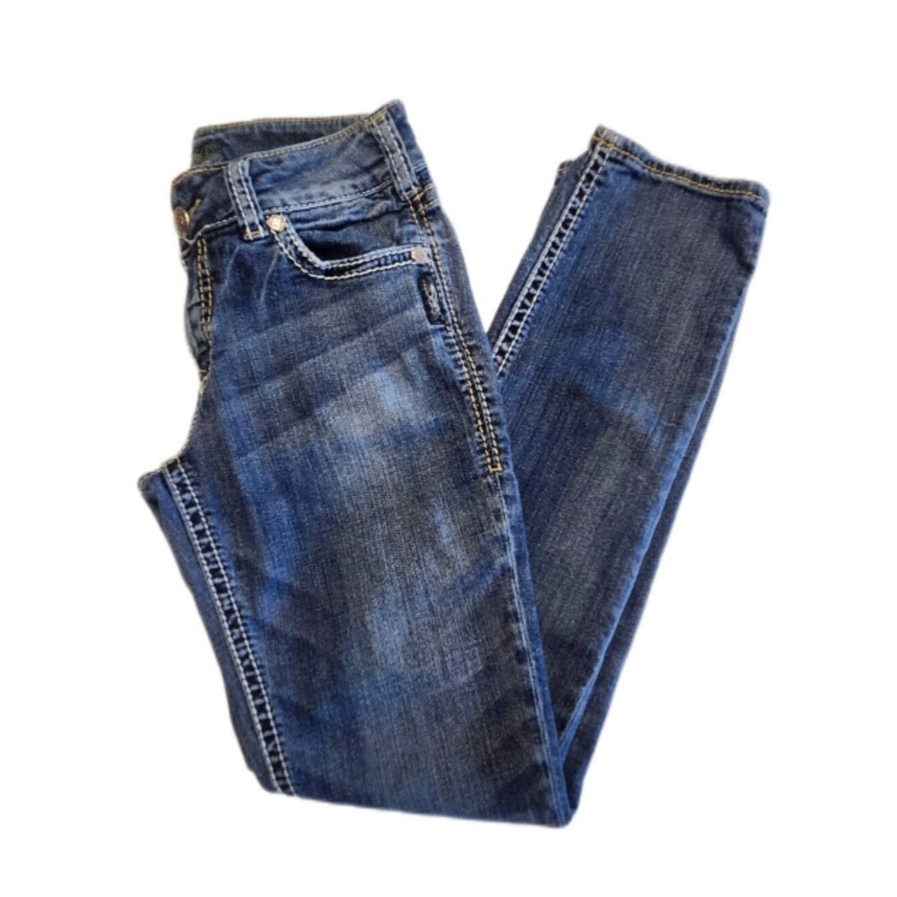Silver Suki Slim Medium Blue Denim Jeans W White Stitching, 26x31